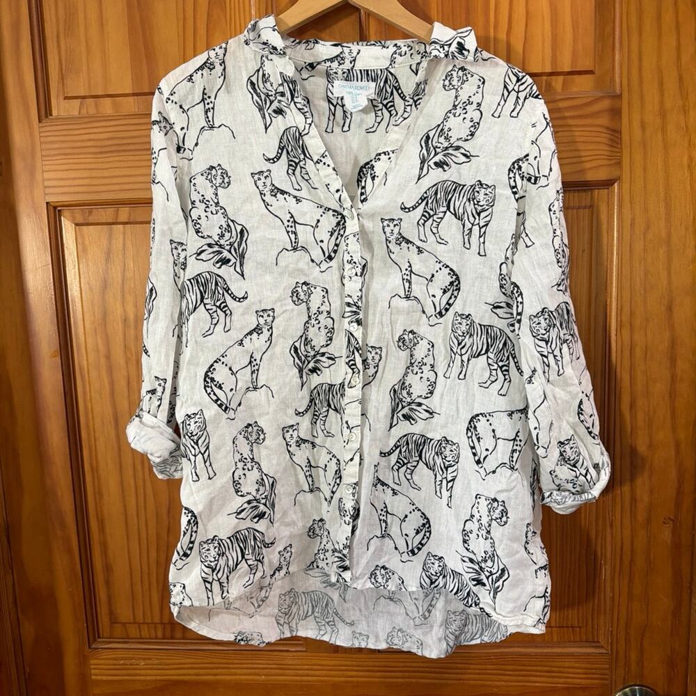 Women's Cynthia Rowley White Linen Tiger Print Button Down Long Sleeve Shirt MED